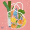 A vibrant, stylized illustration of a mesh bag filled with vegetables and fruits like leek, broccoli, bell pepper, and oranges against a pink background. Perfect for an art print that adds creativity to any space. Product: Fresh Groceries.