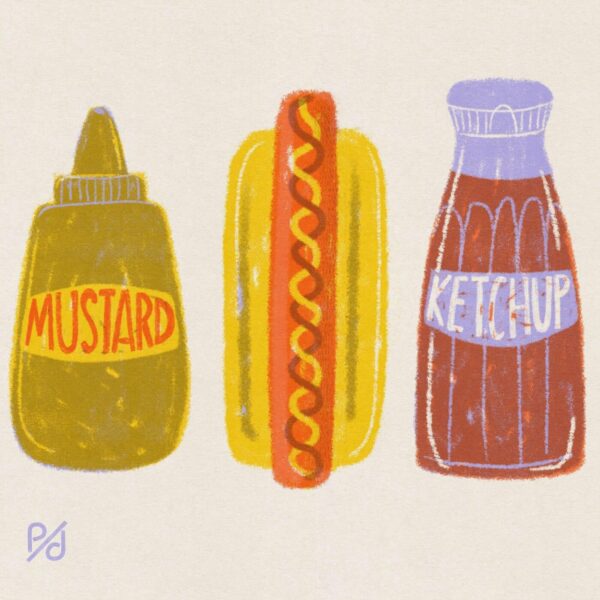 This art print, titled Hot Dog, showcases a whimsical scene: a hot dog with vibrant zigzag mustard, flanked by a mustard bottle on the left and a ketchup bottle on the right, both featuring playful fonts. The light beige backdrop enhances the charming composition.