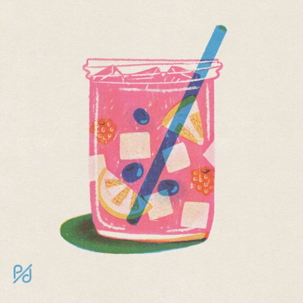 The Pink Lemonade art print showcases a glass jar filled with pink liquid, ice cubes, blueberries, lemon slices, raspberries, and a striped straw. The jar casts a gentle shadow on a light beige background.