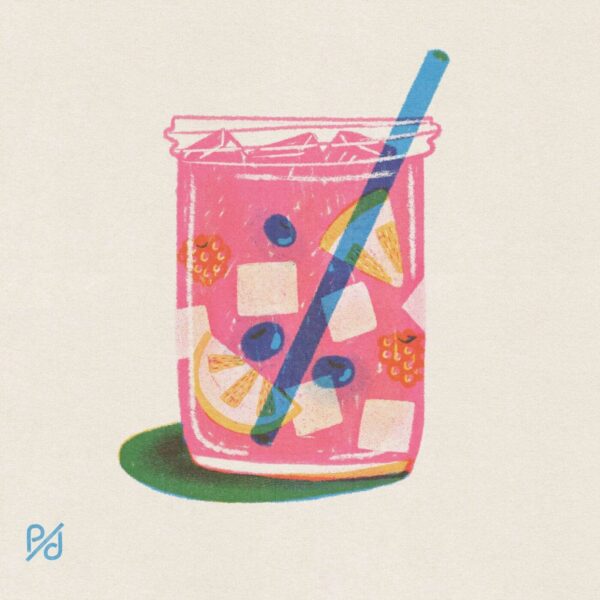 The Pink Lemonade art print showcases a glass jar filled with pink liquid, ice cubes, blueberries, lemon slices, raspberries, and a striped straw. The jar casts a gentle shadow on a light beige background.