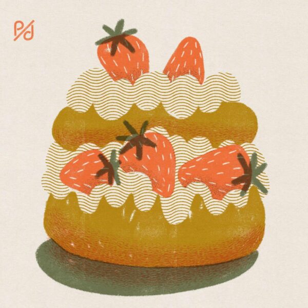 The Strawberry Shortcake art print showcases a layered cake with fluffy white icing, topped with whole strawberries. This textured, stylized illustration features muted colors set against a light background.