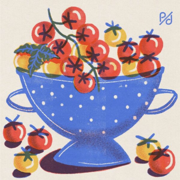 The Fresh Tomatoes art print portrays a stylized blue colander brimming with red and yellow cherry tomatoes, adorned with a herb sprig. Scattered tomatoes enhance its vivid design, making it an ideal addition to vibrant kitchen decor.