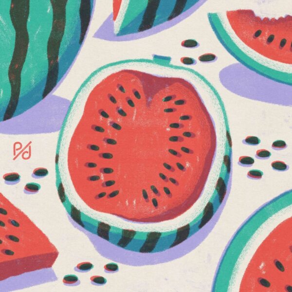 The Watermelon art print features illustrated slices with visible seeds, red pulp, and green rind. A light background with scattered seeds and purple shadows adds vibrancy to the scene.
