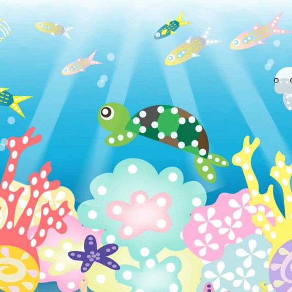 The Song of Coral art print features a colorful cartoon undersea scene with a green turtle with white spots gliding over vibrant coral and sea plants. Patterned fish swim in the sunlit water, enhancing the lively background.