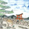 The art print Miyajima Japan #3 features tiny people scaling a stone wall, swinging from ropes attached to a tree. A deer grazes nearby as a red Torii gate stands against majestic mountains and a cloudy sky.