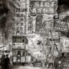 The Old Hong Kong art print depicts a bustling urban street scene with a tram, neon signs in Chinese, vintage cars, and pedestrians. This grayscale piece captures the lively blend of traditional and modern elements beautifully.