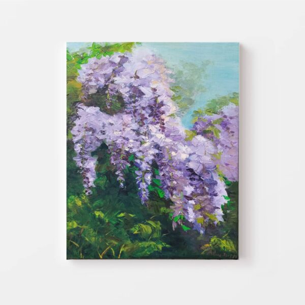 The art print Romance of Wisteria, 2017 showcases cascading purple wisteria flowers among lush greenery against a soft blue sky, blending realistic and impressionistic styles with vibrant colors and textured brushstrokes.