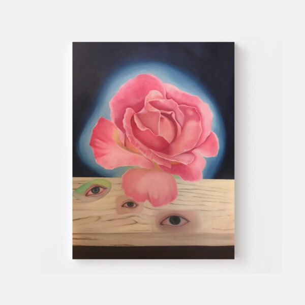 The surreal art print A ROSE showcases a large pink rose with a glowing blue aura emerging from a wooden surface embedded with two outward-staring eyes; a green leaf bearing a realistic eye is also placed on the wood.