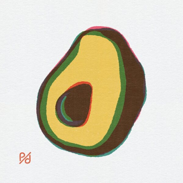 This bold art print, Avocado, depicts a cut avocado with seed, showcasing thick layers of green, yellow, and brown. It features a stylized look with an orange logo in the lower left corner on a light background.