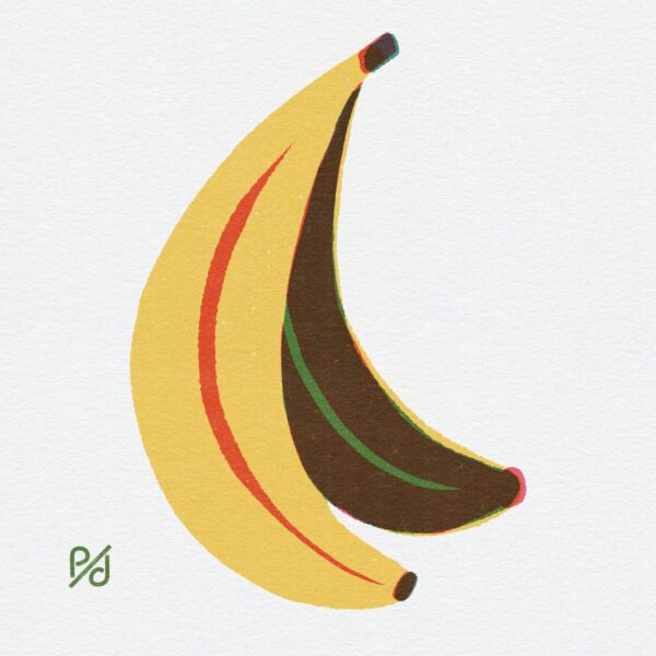 Illustration titled Banana features two overlapping bananas on a light background. The left one is yellow with a red shadow, the right is brown with a green shadow. A small artists signature graces the bottom left corner, ideal for an art print.