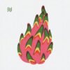 Art print titled Dragonfruit features a pink dragon fruit with stylized green, yellow, and orange scales against a light textured background. A small logo with a stylized P/D appears in the top left corner.