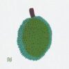 This art print showcases an illustration of a jackfruit with a green, spiky surface and a small brown stem, centered on a plain white background.