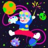 In Taro is drawing, a vibrant character in a futuristic outfit joyfully flies through space with an art print paintbrush and palette, surrounded by planets, stars, and a smiling alien.