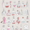 The Vintage Perfume Bottle art print features an illustration of uniquely shaped perfume bottles, some with ornate stoppers and decorative accents. The color palette includes soft pinks, reds, and pastels.