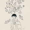 The Feel the Beauty of Nature art print depicts a person holding a bouquet, surrounded by floating flowers and cherubs, with a light background showcasing minimalistic line art of stars and a dandelion.
