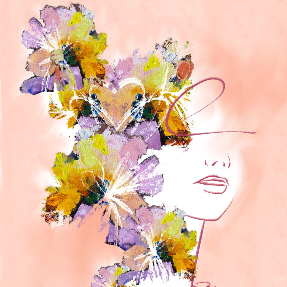 A Blooming Mind art print features a womans face with abstract elements, blended with vibrant watercolor flowers in purple, yellow, and green that form a headdress-like pattern against a soft peach background.
