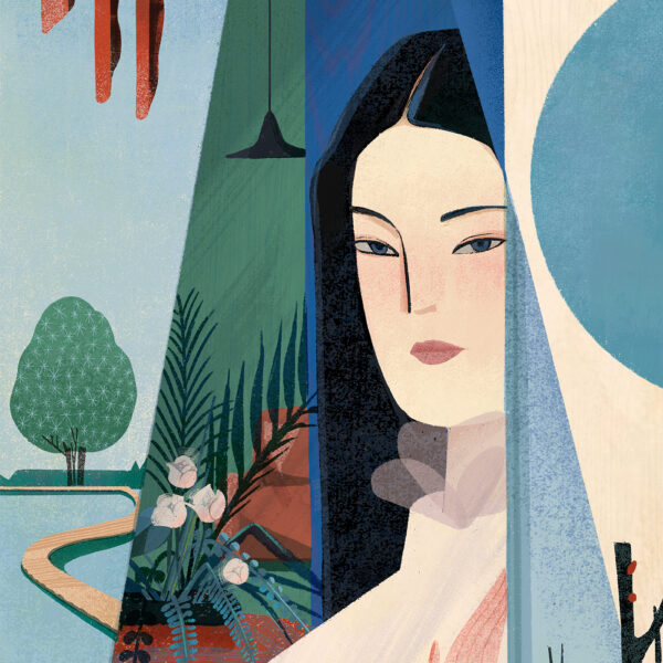 The Minor Cold art print portrays a woman with dark hair, partially obscured by geometric shapes, showcasing a tree, plants, and a winding path. It uses blues, greens, and earth tones in a modern abstract style.