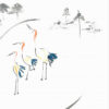The Flourish your Life art print depicts three cranes with red heads and blue tail feathers in a row against a backdrop of faint, abstract trees and soft brushstrokes, creating a serene, natural setting.