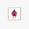 The Baba Yagas Hut art print features a whimsical house with legs and shoes, smiling with yellow plants. Set against a white background, its elegantly framed in light wood.
