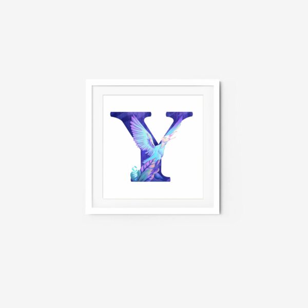 The Y-shaped Letter Mystery Bird art print features a bold letter Y in textured blue and purple hues, with a whimsical illustrated bird matching in feathers. The crisp white background enhances its charm.