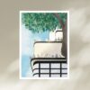 Take a stroll.1 captures a modern building with curved balconies filled with pigeons, set against a clear blue sky. A leafy green tree extends over the scene, making it ideal for an art print.