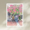 The art print Listen one more time... features two people on a bench outside a barbershop, under a bush with pink flowers. A classic red, white, and blue barber pole stands beside them on the brick-paved walkway, adding nostalgic charm.