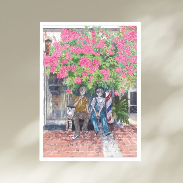The art print Listen one more time... features two people on a bench outside a barbershop, under a bush with pink flowers. A classic red, white, and blue barber pole stands beside them on the brick-paved walkway, adding nostalgic charm.