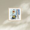 The Temporary Stay Station art print showcases a framed snowy scene with a sled, red and yellow sign, and trees. A cloudy sky looms overhead while snow lightly covers the ground. The wooden frame adds rustic charm.