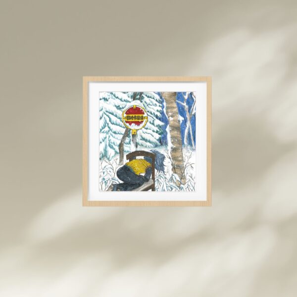 The Temporary Stay Station art print showcases a framed snowy scene with a sled, red and yellow sign, and trees. A cloudy sky looms overhead while snow lightly covers the ground. The wooden frame adds rustic charm.
