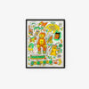 Flash Doodle is a colorful, cartoon-style art print featuring diverse characters and objects like an orange creature, a tiger, and a smartphone. It comes framed in a lively design with vibrant green, yellow, and orange hues.