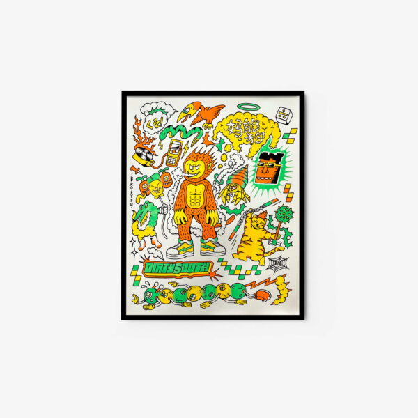 Flash Doodle is a colorful, cartoon-style art print featuring diverse characters and objects like an orange creature, a tiger, and a smartphone. It comes framed in a lively design with vibrant green, yellow, and orange hues.