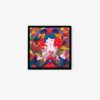The Lunar art print is encased in a sleek black frame and features a stylized figure wrapped in abstract swirls of red, orange, green, and blue hues. The central figure has an expressive, dreamy look that captivates observers.