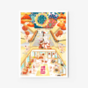 Lunar Bunnies art print depicts an indoor market bustling with cheerful rabbits in festive outfits. Vibrant lanterns adorn multiple levels and stairs beneath a large central ceiling decoration, with a red sign reading Central Market.