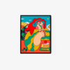 The Stay Chill art print portrays a red-haired woman seated at a table with vibrant red fruit and utensils, surrounded by an abstract floral and sky backdrop that forms an enchanting visual tapestry.
