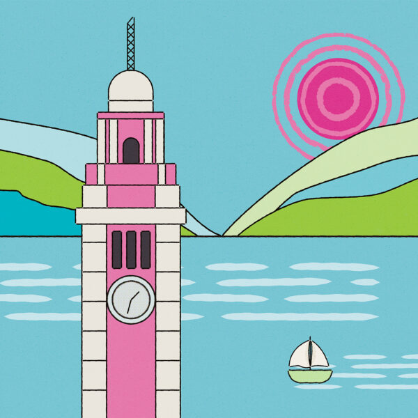 The Somewhere in Homeland art print showcases a pink clock tower by the water, a small sailboat in the foreground, green hills, and a vivid pink sun in the background under a clear blue sky.