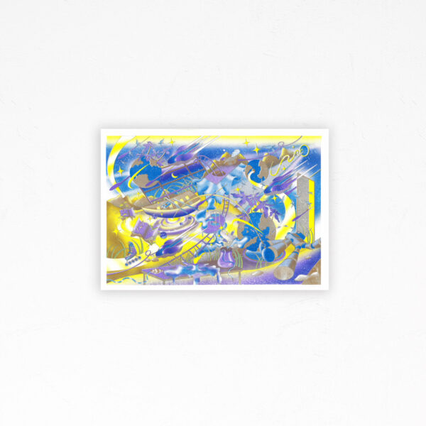 A Trip art print features swirling shapes and patterns in vibrant yellow, blue, and purple hues. Its design includes stars, musical notes, and whimsical forms on a white background with a border, creating dynamic motion.
