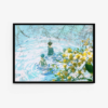 The Path in Lake art print features two children wading in a sunlit, rippling pond with reflections of overhanging branches creating water patterns. Bright yellow flowers in the foreground add a vibrant splash of color.