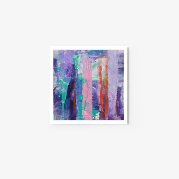 Secrets of the Forgotten Forest #5 is an abstract art print featuring vertical brushstrokes in vivid colors—purple, red, teal, and pink. With layered textures and a mixture of bold and soft elements, it forms a dynamic composition framed against a white background.