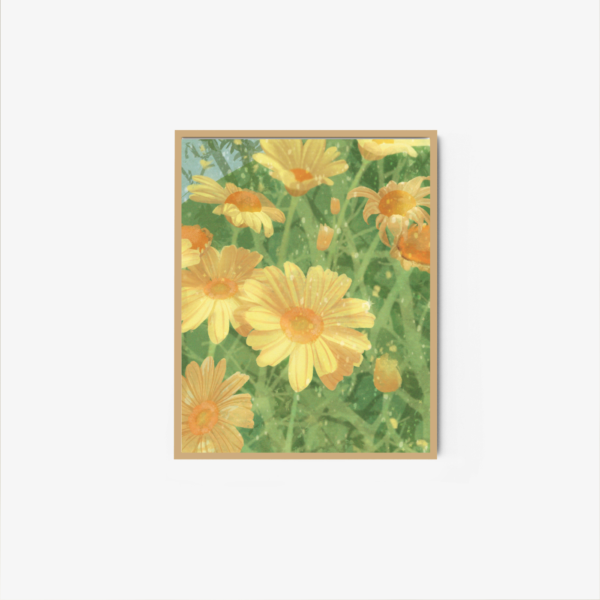 The Little Daisies framed art print features a field of vibrant yellow flowers with lush green stems and foliage. A soft blue sky in the background creates a serene atmosphere, all set against a plain white backdrop.