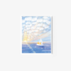 The Bright Side art print features a sailboat on a tranquil sea beneath a radiant sunset, with vibrant rays filling the sky. Fluffy clouds adorn the top, while seagulls glide gracefully near the horizon.