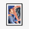 The framed art print Lovers Do Love II features a bearded man in a blue shirt embracing a woman with cascading blue and black hair against a background of abstract blue patterns with warm tones.