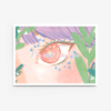 A stylized eye with purple hair and green leaves forms the background of the Still Into You art print, featuring an eyelid embellished with pink and white star patterns. The elegant script Im still into you overlays the design, creating a captivating narrative.