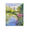 The art print A Timeless Moment in Giverny, 2023 showcases a serene pond with lush greenery and vibrant flowers. Reflections of trees and sky shimmer on the water, accompanied by gently floating lily pads, evoking a tranquil, natural setting.