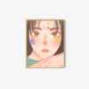 The Hello Spring art print features a digital illustration of a woman with long hair staring forward, her face adorned with pastel flowers. She rests her chin on her arm against a plain white background, framed by a subtle beige border.