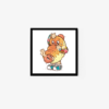 Framed art print titled Love Bread - Sausage Roll, featuring a cartoonish bread character with eyes and limbs, decorated with colorful tattoos. The bread holds part of itself playfully with a surprised expression against a plain white background.