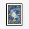 Framed art print titled Christmas Star features a whimsical tooth character with a wand, standing on a pedestal against a starry night sky. An ornate leaf border adds to the magical atmosphere.