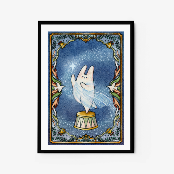 Framed art print titled Christmas Star features a whimsical tooth character with a wand, standing on a pedestal against a starry night sky. An ornate leaf border adds to the magical atmosphere.