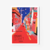 Illustrating Seoul Itaewon Street, this art print captures a vibrant nighttime scene with a red road. Hannam and Life Coffee signs adorn the buildings, as two figures stroll under the starry sky, encapsulating the citys lively essence.