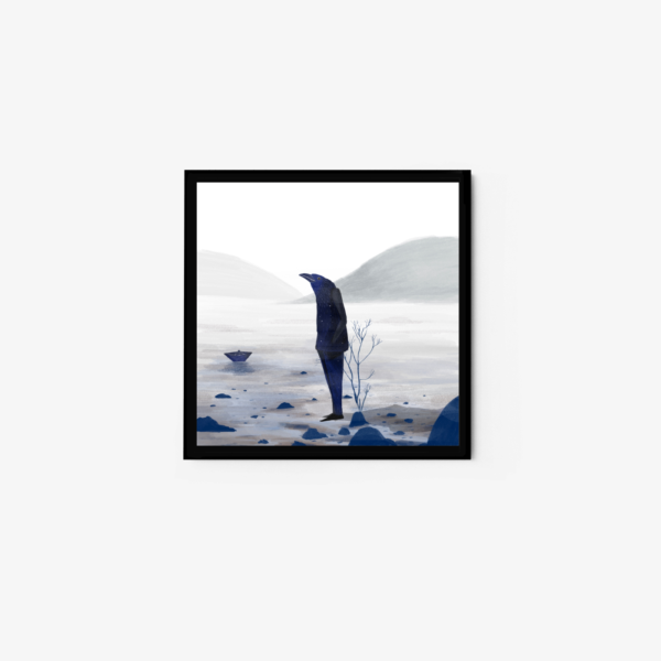 The Bird of the Lost City minimalist framed art print depicts a penguin on a rocky shore with a small leafless plant and a distant paper boat set against soft, misty hills. The color palette is mainly blue and white.
