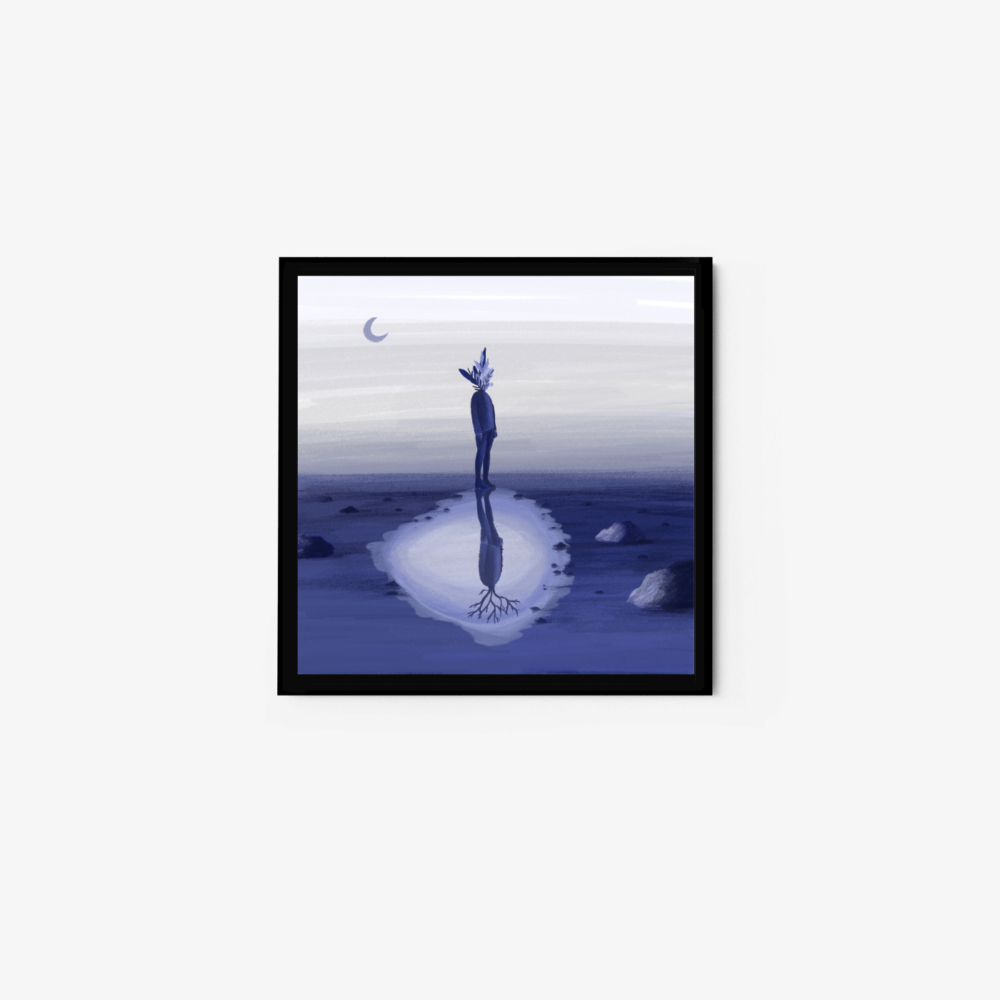 The Reflection art print showcases a surreal scene with a figure looking at their watery reflection, roots stretching from their feet. A moody, blue-hued landscape and crescent moon in the background add an ethereal touch to this captivating composition.